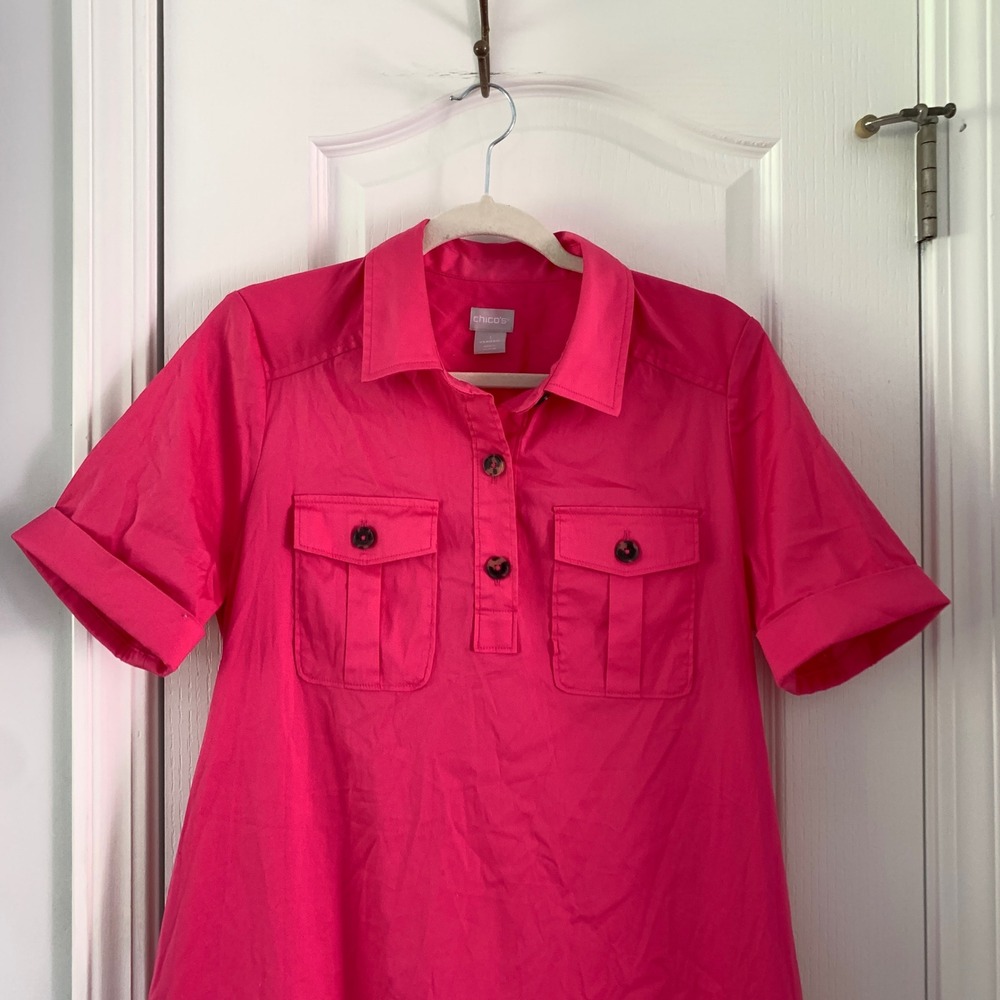 Chico's Pink Cotton Blend Tiered Midi Shirtdress Short Sleeve Size 1 M 8/10 - Picture 2 of 9